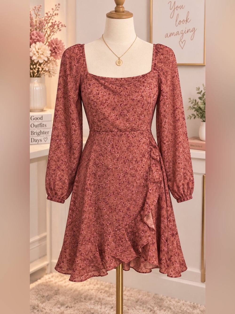 Rust Floral Long-Sleeve Dress